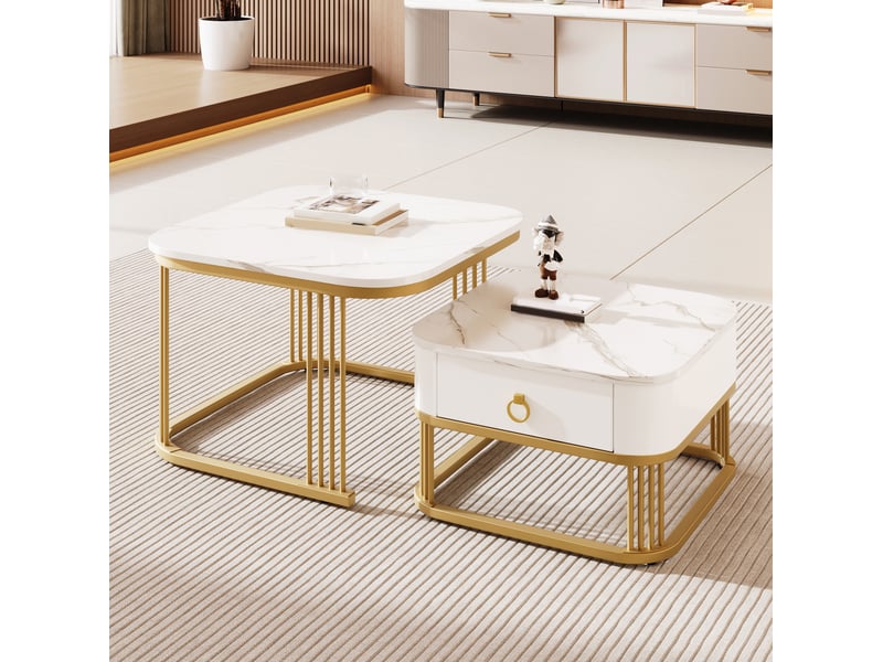  Tables basses gigognes avec 1 tiroir et plateau effet marbre, finition brillante, pour salon, blanc et doré  - Conforama C