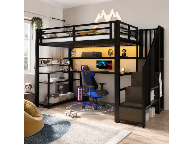  Lit mezzanine gaming 90x200 cm, led rgb, bureau armoire rangements escalier intégré, métal mdf noir sans matelas  - Conforama B