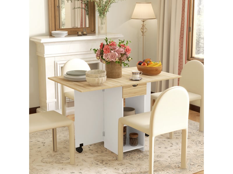  Table de cuisine pliante à roulettes avec accoudoirs rabattables, tiroir et étagères pour 2 à 4 personnes, 120 x 72 x 75 cm, chêne et blanc  - Conforama C