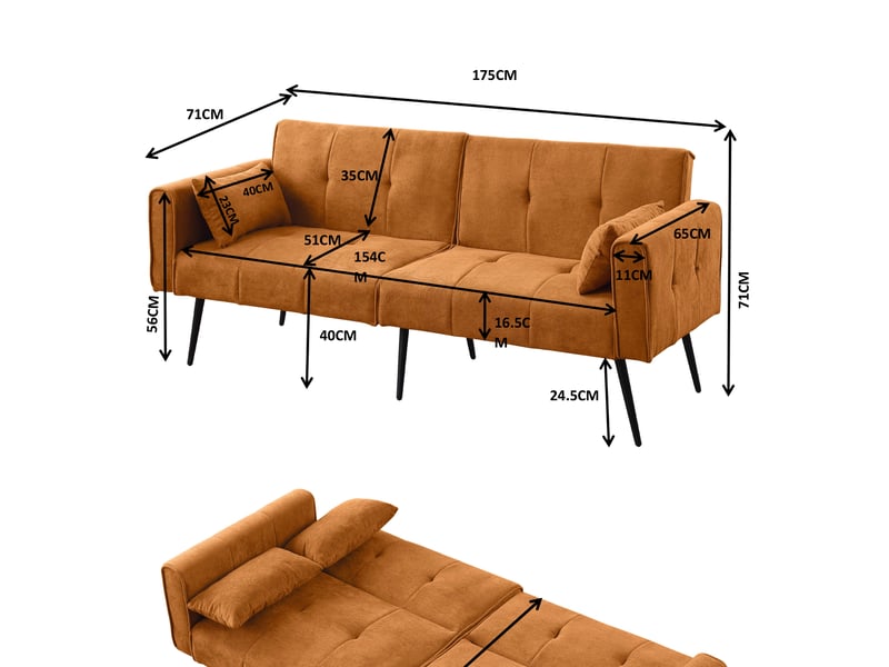  Canapé futon convertible 175x71x71 cm 2 places, 8 pieds robustes en métal et accoudoirs, revêtement tissu côtelé orange  - Conforama C