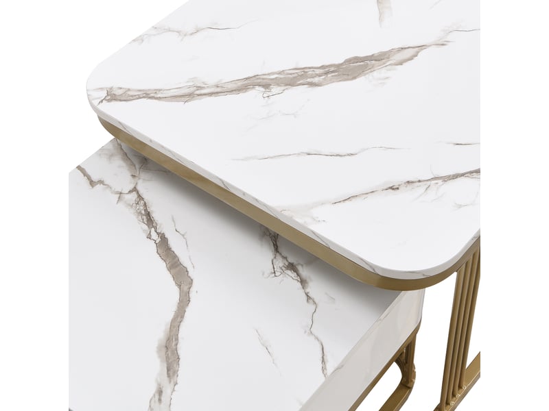  Table basse empilable, table basse blanche, aspect marbre brillant, détails dorés, avec tiroirs, ensemble de 2 pièces  - Conforama E