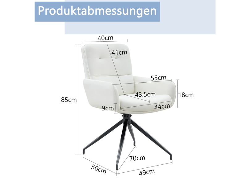  Lot de 2 chaises de salle à manger 49x50x85 cm, fauteuil de table pivotant 360°, pour cuisine, métal+pu, blanc et noir  - Conforama C