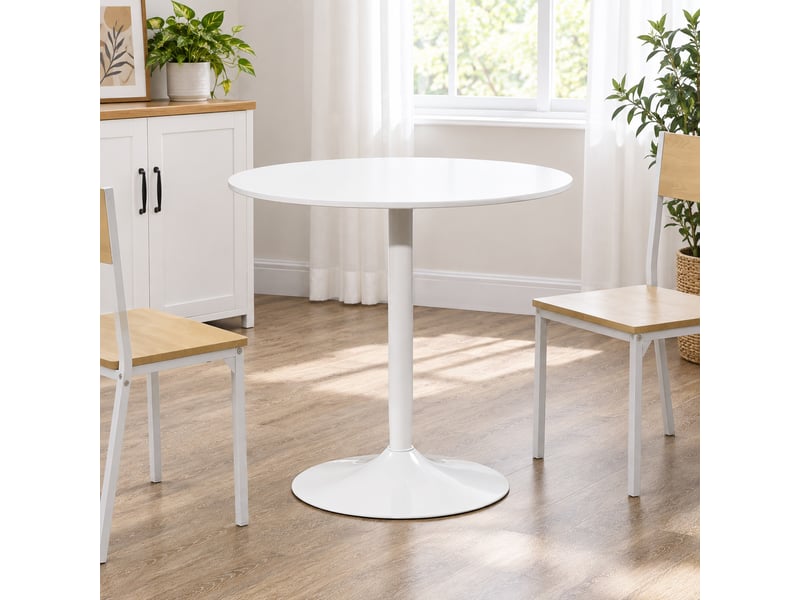 Table à manger ronde pour 2 personnes, table de cuisine style moderne avec piétement en acier, ø 80 x 75 cm, blanc - Conforama A