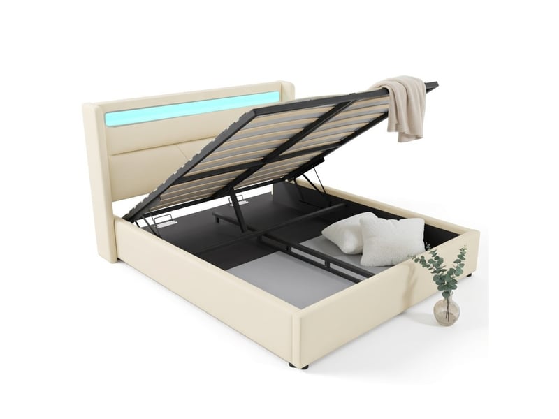  Lit coffre 160x200 cm avec led et matelas blanc  - Conforama A