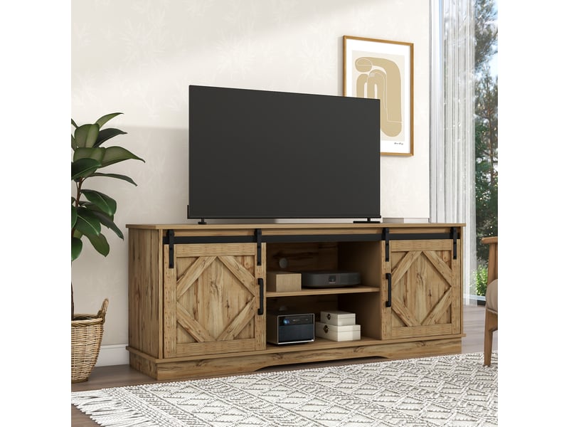  Meuble tv 150x40x60 cm avec portes coulissantes, compatible 65 pouces, marron  - Conforama B