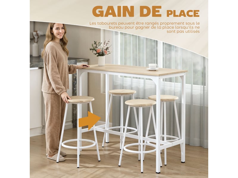 Ensemble table haute et 4 tabourets avec repose-pieds style moderne, structutre en métal effet bois naturel  - Conforama E
