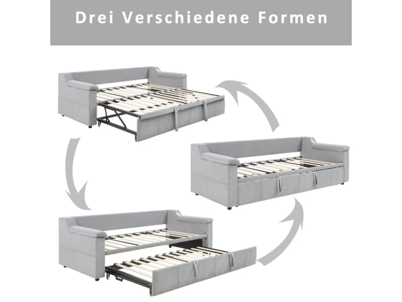  Lit gigogne 90x190 cm, lit enfant avec accoudoirs, système stéréo bluetooth et prise usb, tissu en velours gris, sans matelas  - Conforama E