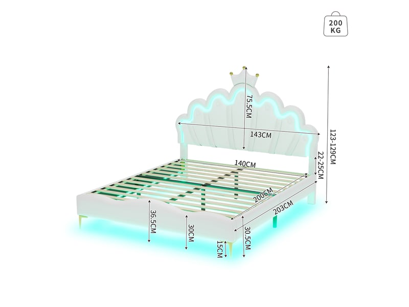  Lit enfant double 140x200 cm forme couronne avec led, similicuir, blanc, sans matelas  - Conforama C