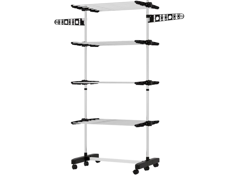Support à linge rétractable 5 niveaux, pliable, système one-klick, 142 cm x 55 cm x 172 cm, noir + argent - Conforama A