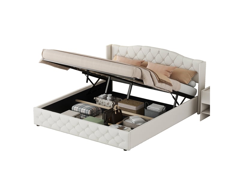  Lit coffre 2 places 180x200 cm en tissu coloris beige  - Conforama A
