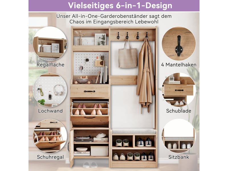  Meuble d'entrée avec 2 portes, 1 tiroir, banc rembourré, niche et 4 crochets en panneau de particules 108,5×35×180 cm  - Conforama E