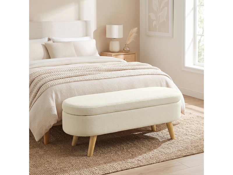  Banc banquette, bout de lit, 110l x 40p x 43h cm, coffre de rangement 2 en 1 en tissu avec pieds en bois, crème  - Conforama D