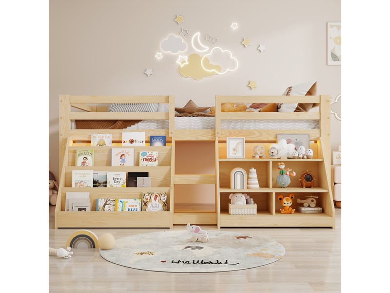  Lit mi-hauteur enfant 90x200 cm avec étagères, lit surélevé en pin avec led, garde-corps, échelle et rangements intégrés, naturel OPULERANE TRADING LTD - Conforama D
