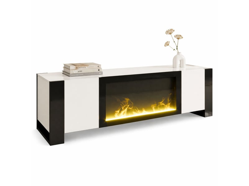  Meuble tv 2 portes avec cheminée électrique décorative sans chauffage pour salon 165×32×55 cm blanc et noir  - Conforama A