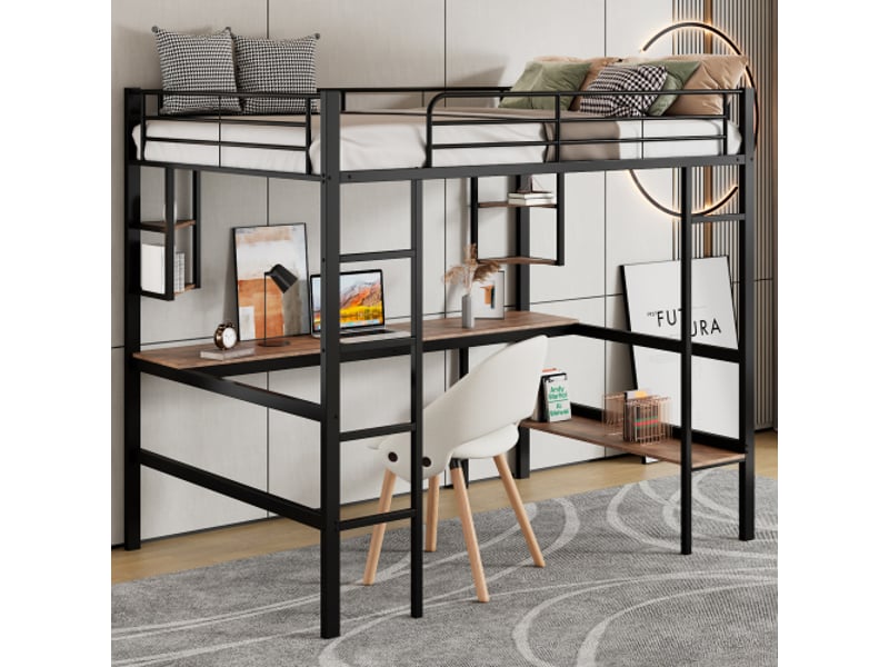 Lit mezzanine 90x200 cm, avec bureau et étagères, en métal, noir, sans matelas - Conforama B