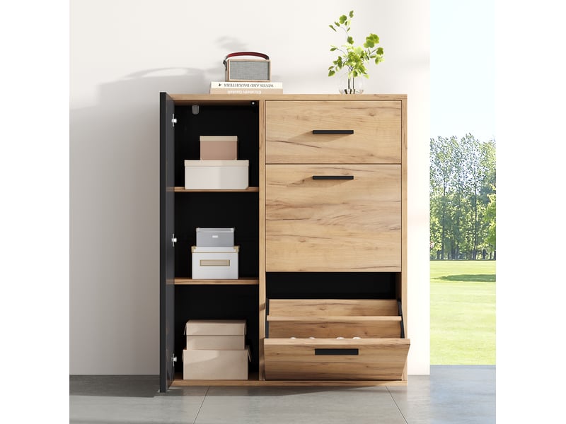  Meuble à chaussures 80x24x95,5 cm avec tiroir et portes abattantes, panneau de particules, noir et naturel  - Conforama B