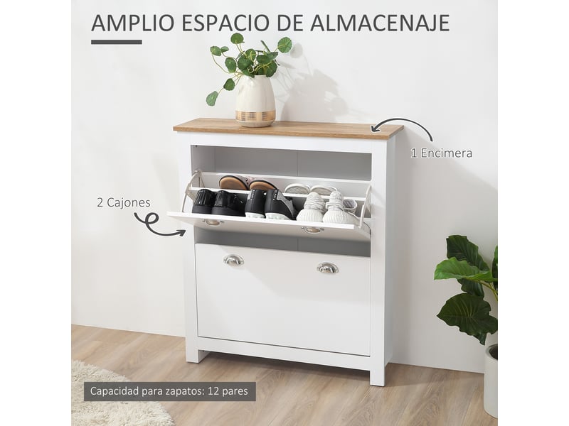  Meuble à chaussures à 2 tiroirs pour 12 paires de chaussures, avec portes à charnières et étagère réglable, 79 x 23 x 90,5 cm, blanc  - Conforama E