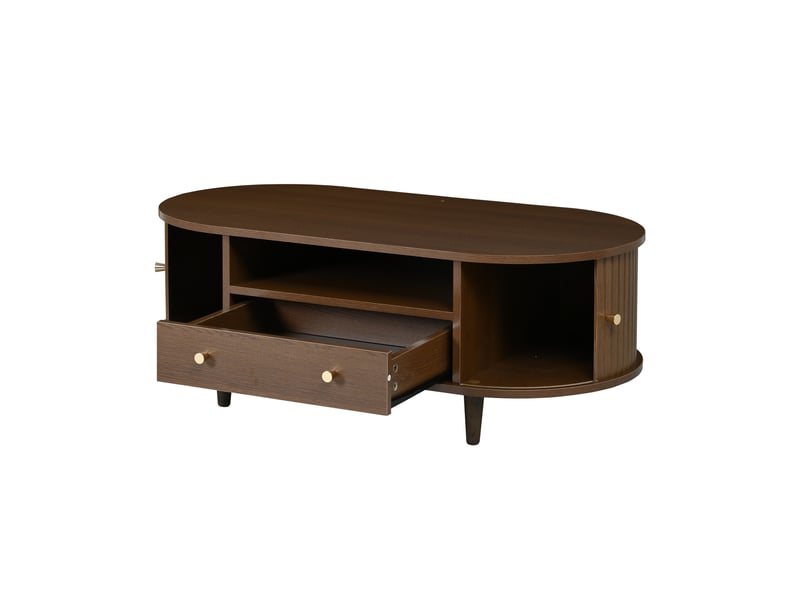  Table basse ovale avec 1 tiroir et espace ouvert et porte roulante, en mdf, noyer, 100×50×36 cm - uvrion  - Conforama A