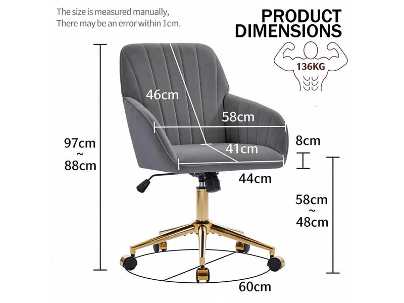  Chaise de bureau pivotante en velours gris, hauteur réglable et assise rembourrée pour travailler longtemps  - Conforama C