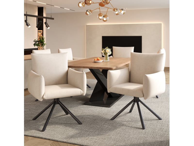  Lot de 6 chaises salle à manger 88x60x60 cm en velours beige, pivotantes 360°, dossier élevé avec accoudoirs  - Conforama B