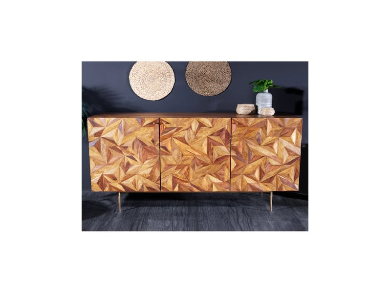  Buffet aravis 144 cm en bois massif de sheesham – 3 portes sculptées, marron et pieds dorés  - Conforama B