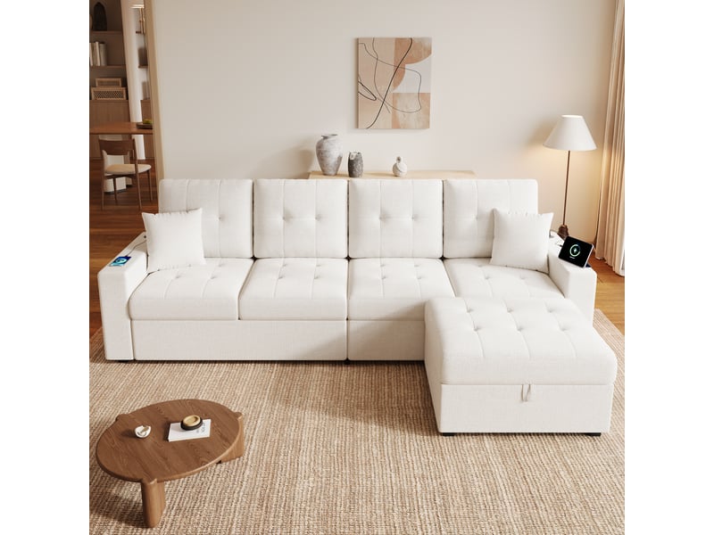 Canapé d'angle modulaire 4 places avec ports usb et usb-c intégrés 253 cm rangement et led - Conforama E