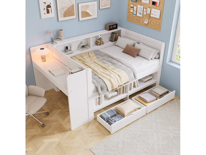  Lit avec rangement 120x200 cm blanc avec bureau intégré, armoire et 2 tiroirs  - Conforama E