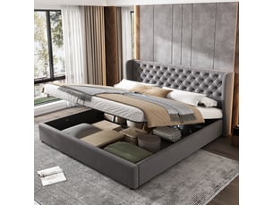 Lit coffre 180x200 cm en velours gris capitonné, sommier inclus