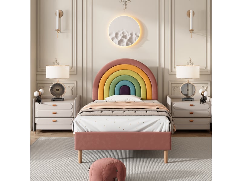 Lit enfant rembourré 90x200 cm avec tête de lit réglable et sommier à lattes, structure bois et velours, rose - Conforama E
