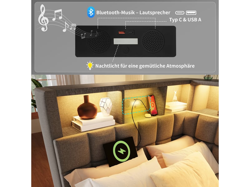  Lit gigogne,90x200 cm,avec extension 90x190cm,bluetooth,usb type-c,led,lin,gris  - Conforama E
