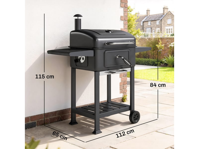 Barbecue fumoir charbon avec couvercle, thermomètre, bac charbon réglable, cheminée d'allumage, grille, tablette latérale, bac à cendres  - Conforama E