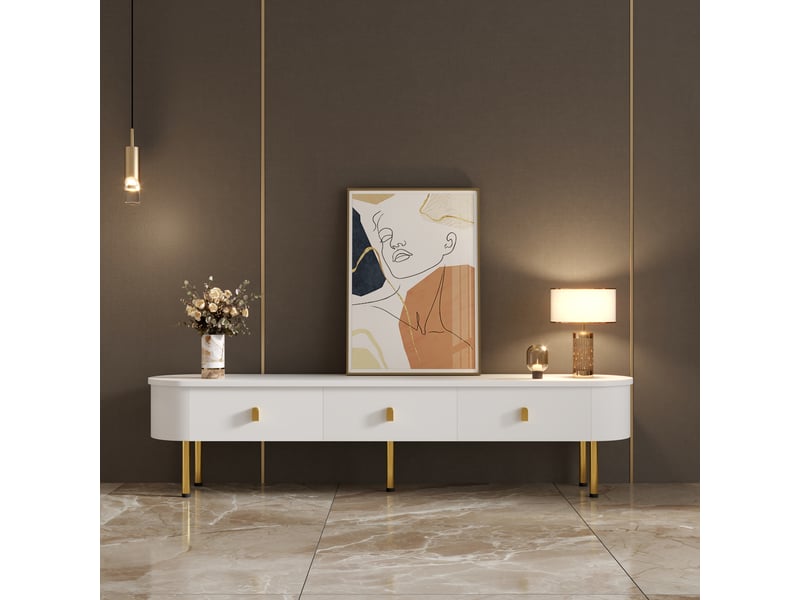  Meuble tv à tiroirs – pieds dorés, poignées dorées, coins arrondis – style élégant pour salon  - Conforama E