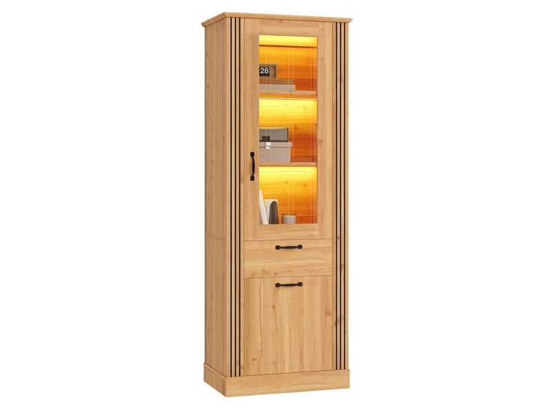  Vitrine haute 62x41x180 cm, éclairage led, commande par application, portes vitrées, porte miroir pour salon et séjour - naturel  - Conforama A