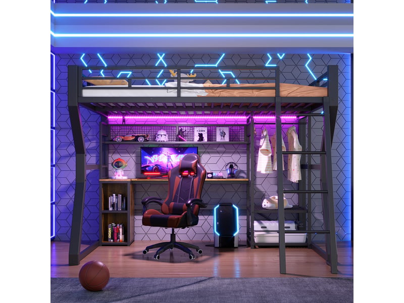 Lit mezzanine, 140 x 200 cm, avec bande lumineuse, prise électrique, espace penderie, bureau,noir - Conforama D