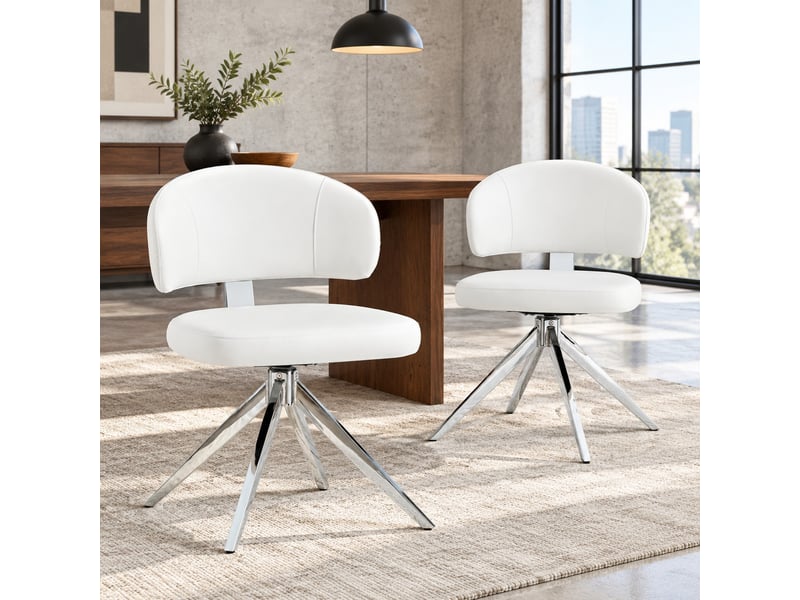  Chaise de salle à manger, lot de 2, blanche, assise rembourrée en pu, piètement métallique pivotant à 360°  - Conforama D