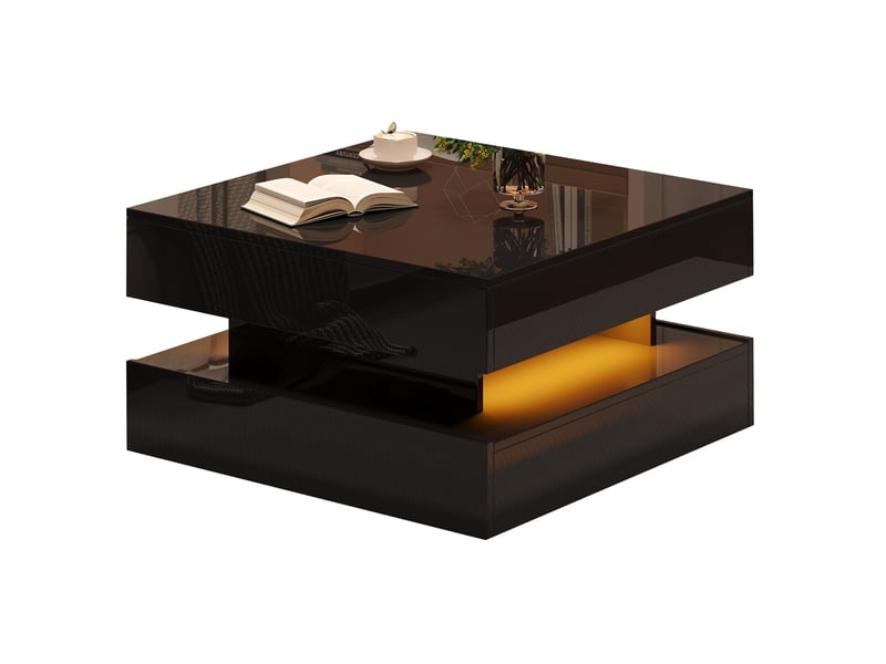 Table basse carrée 65x65 cm à plateau relevable, 2 tiroirs et led, noire - Conforama A