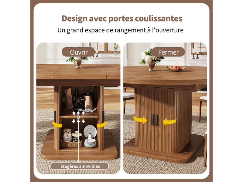 Table à manger extensible 110-149,8 x 110 x 75 cm avec colonne de rangement à portes coulissantes, finition noyer ou noir. - Conforama E