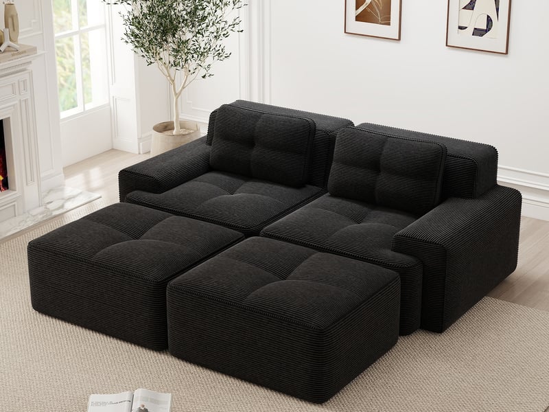  Canapé modulable en u 2 places avec ottomane en velours côtelé noir, sans montage  - Conforama B