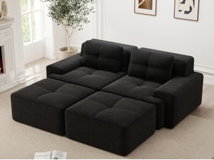 Canapé modulable en u 2 places avec ottomane en velours côtelé noir, sans montage