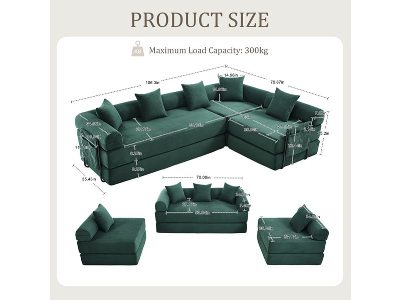 Canapé modulable modenvie 4 places en velours côtelé vert émeraude 270 x 180 x 64 cm - Conforama C