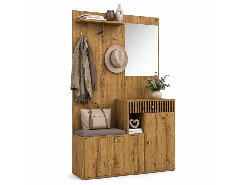  Meuble d'entrée avec miroir, assise rembourrée, crochets et étagères réglables, noir et bois, 110 × 37 × 185,5 cm  - Conforama A