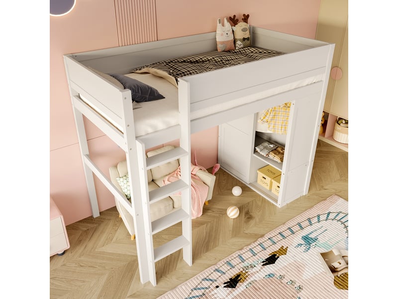  Lit mezzanine 90*200cm avec penderie, rangements, espace ouvert dessous, sans matelas, pin, blanc  - Conforama C
