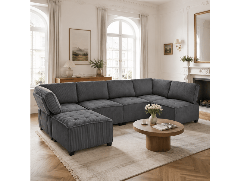  Canapé modulable tcqpz 6 places 308 x 154 x 82 cm configuration u ou l velours côtelé gris  - Conforama B