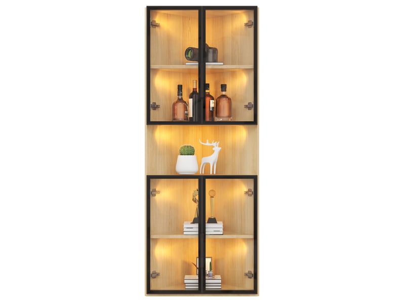  Vitrine en verre avec éclairage led, meuble vitrine aspect chêne 62x32x160cm, vitrine d'angle gain de place pour salon et bureau  - Conforama R