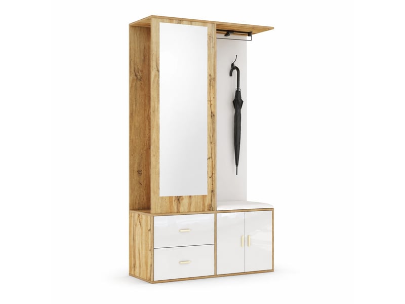  Meuble d'entrée avec miroir, tiroir, range-chaussures, banquette et tringle coulissante, bicolore, 100 × 38 × 180 cm  - Conforama A
