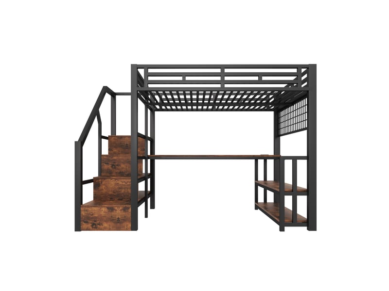  Lit mezzanine noir 140 × 200 cm, bureau, led, rangements, 2 usb, type-c et grille suspendue  - Conforama A