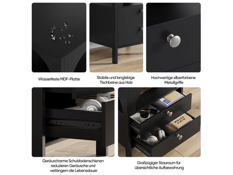  Table de chevet moderne 45x40x58 cm, 2 tiroirs, 1 niche ouverte, rangement multifonction, pour salon, chambre, mdf noir  - Conforama E