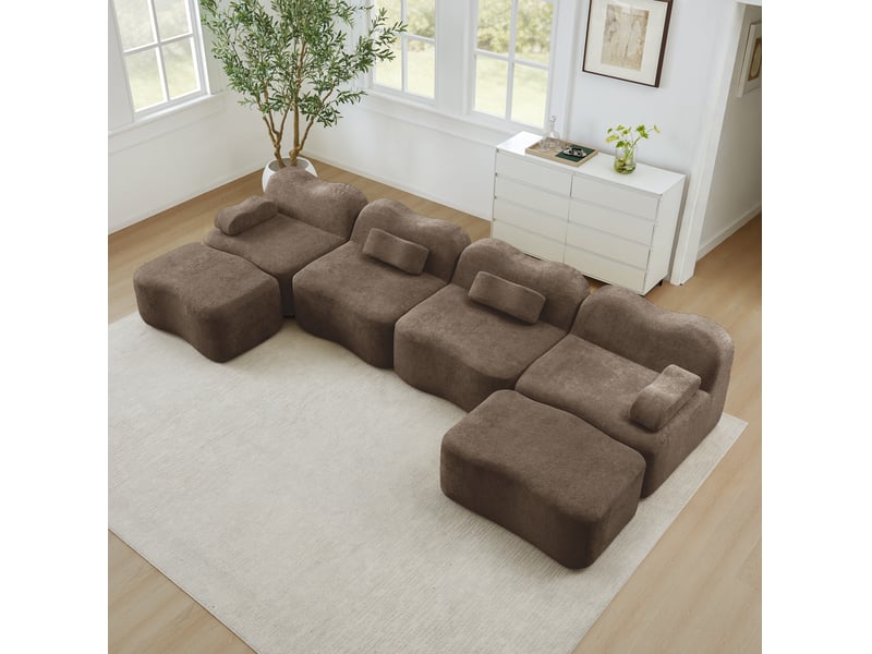  Canapé modulable ulevr 4 places en u avec 2 poufs, velours marron, sans structure interne, 384 x 167 x 70 cm  - Conforama D