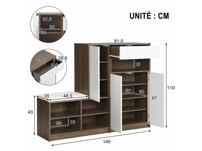  Meuble à chaussures avec assise rembourrée, portes sans poignées, étagères réglables pour entrée, 140 × 35 × 110 cm  - Conforama D