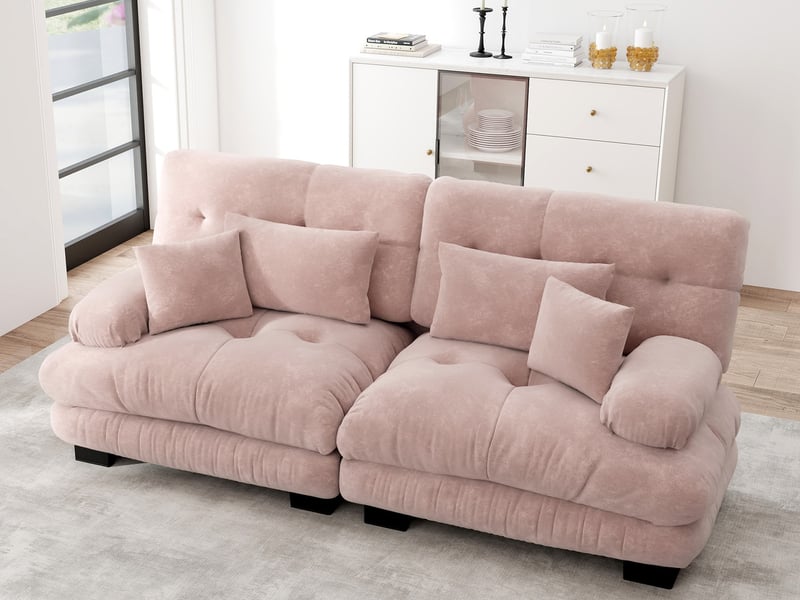  Canapé droit cloud 2 places, avec 2 coussins lombaires et 2 coussins décoratifs, chenille rose, 220x77x81cm  - Conforama B